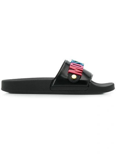 Moschino Multicolor Logo Pool Sandals In Black
