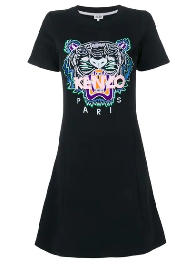 Kenzo Tiger Flare Embroidered T-shirt Dress In Black