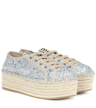 Miu Miu Glitter Flatform Sneaker Espadrilles In Silver