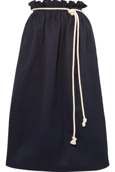 Atlantique Ascoli Rope-trimmed Cotton And Linen-blend Poplin Midi Skirt In Navy