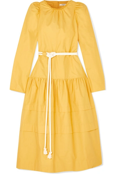 Atlantique Ascoli Datcha Belted Ruffled Textured Cotton-canvas Midi Dress In Yellow
