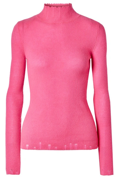 Les Rêveries Distressed Cashmere Turtleneck Sweater In Pink