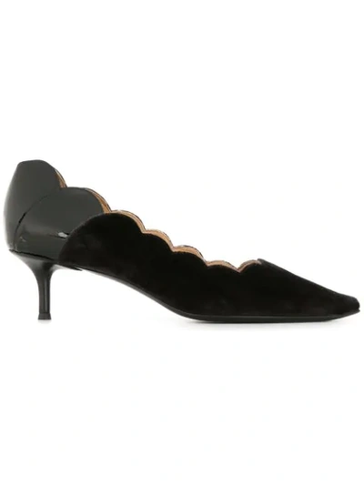 Chloé Lauren Scalloped Snake-effect Leather Paneled Suede Pumps In Dark Gray