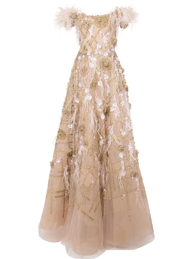 Marchesa Off Shoulder Ostrich Feather Embroidered Ball Gown In Pink