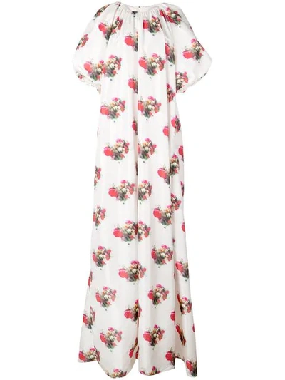 Adam Lippes Printed Shirred Neck Silk Dress In White