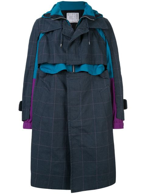 Sacai Layered Checked Wool-blend And Shell Coat In Blue | ModeSens