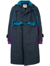 Sacai Layered Checked Wool-blend And Shell Coat In Blue