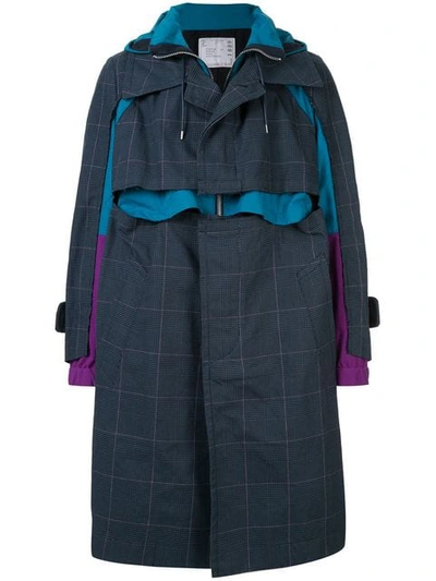 Sacai Layered Checked Wool-blend And Shell Coat In Blue