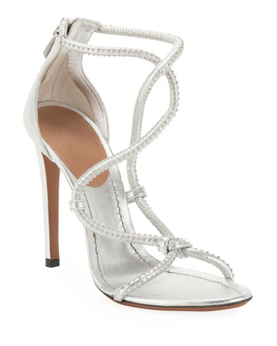 Alaïa Twisted Studded Metallic Leather Sandals In Gray