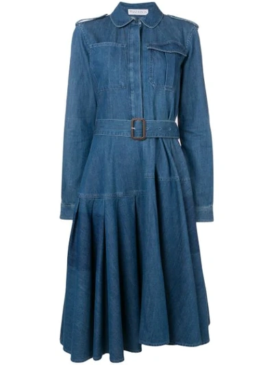 Jw Anderson Pleated Cotton-denim Belted Midi Dress In Blue