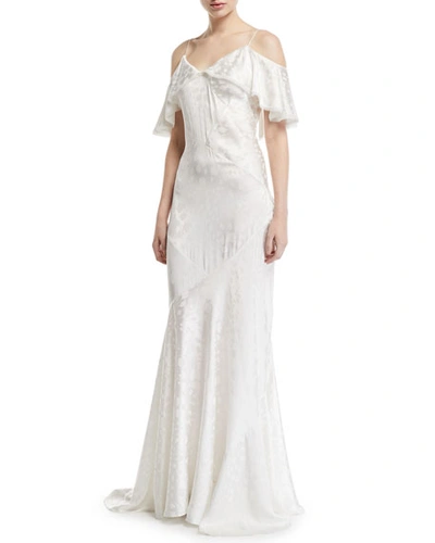 Zac Posen Cold-shoulder Satin Crepe Gown In Off White