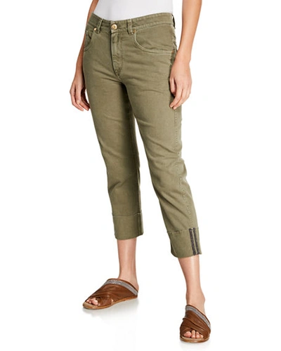 Brunello Cucinelli Monili-trimmed Straight-leg Jeans In Sage