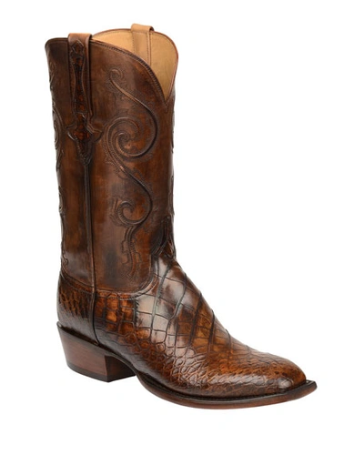 Lucchese Men's Colton Gator Leather Cowboy Boots (made To Order) In Chocolate