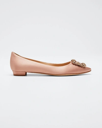 Manolo Blahnik Hangisi Crystal-buckle Satin Flats In Flesh