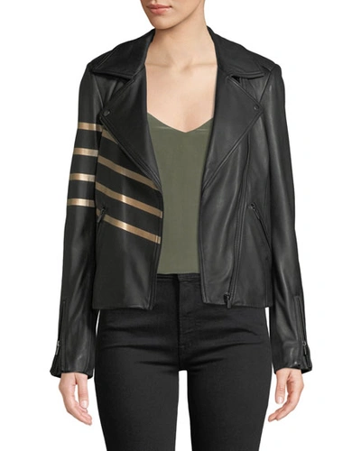 Neiman Marcus Asymmetric-zip Leather Moto Jacket W/ Metallic Stripes