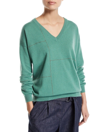Brunello Cucinelli Cashmere Golden-monili Grid Sweater In Green