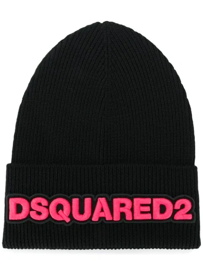 Dsquared2 Men's Logo Patch Ribbed Beanie Hat In Black