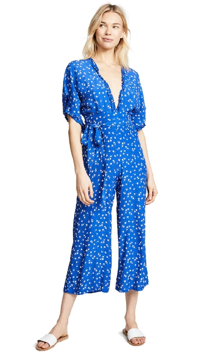 Faithfull The Brand La Villa V-neck Short-sleeve Floral-print Jumpsuit W/ Self-tie Belt In Cobalt Blue