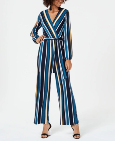 Almost Famous Juniors' Striped Surplice Jumpsuit In Navy/mustard