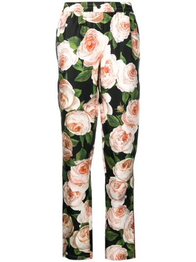 Dolce & Gabbana Rose-print Silk Trousers In Black