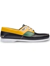 Prada Brushed Leather Boat Shoes In Black + Yellow