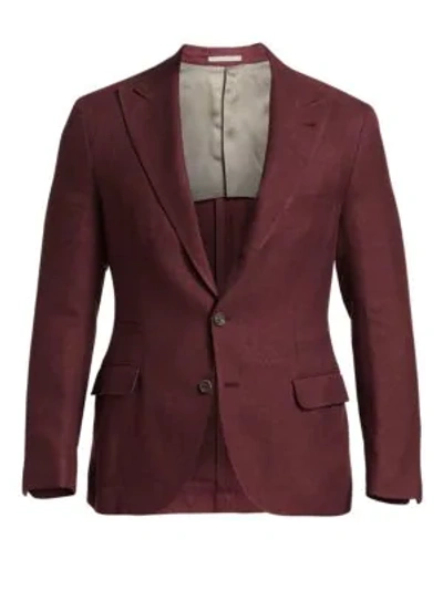 Brunello Cucinelli Solid Hopsack Wool, Silk & Linen Peak Lapel Blazer In Wine