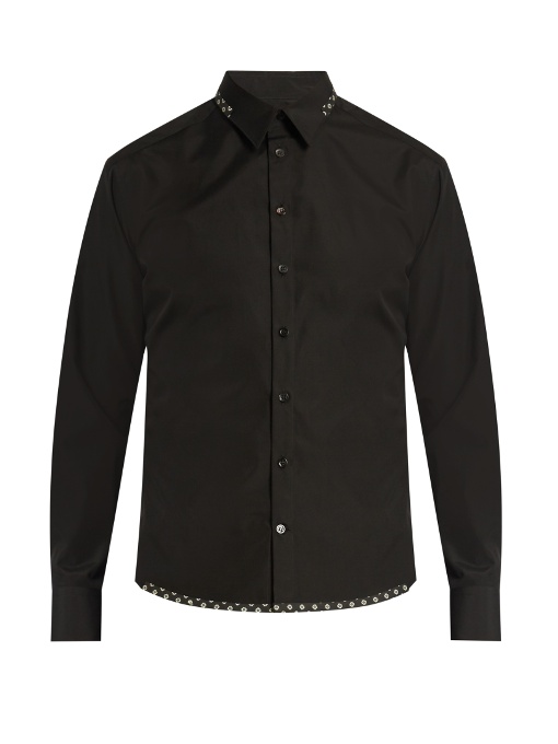 Alexander Mcqueen Geometric-trimmed Cotton-poplin Shirt In Black | ModeSens