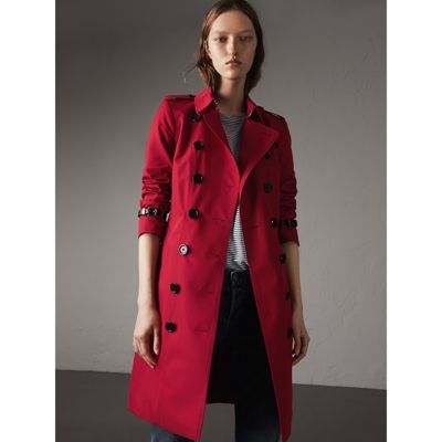 Burberry Leather Trim Cotton Gabardine Trench Coat In Parade Red | ModeSens