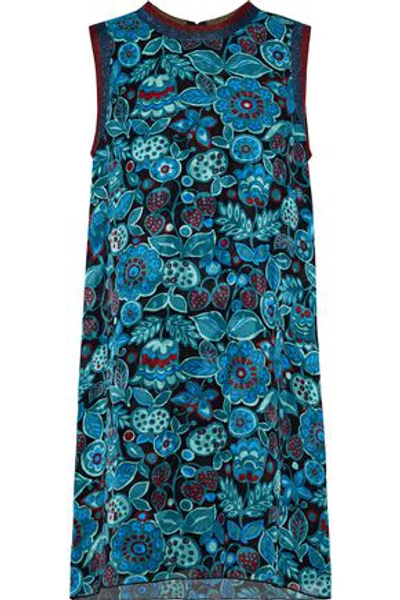 Anna Sui Metallic-trimmed Printed Silk-jacquard Mini Dress In Teal