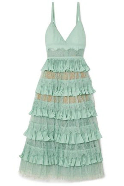 Elie Saab Tiered Plissé-crepe, Tulle And Lace Midi Dress In Mint