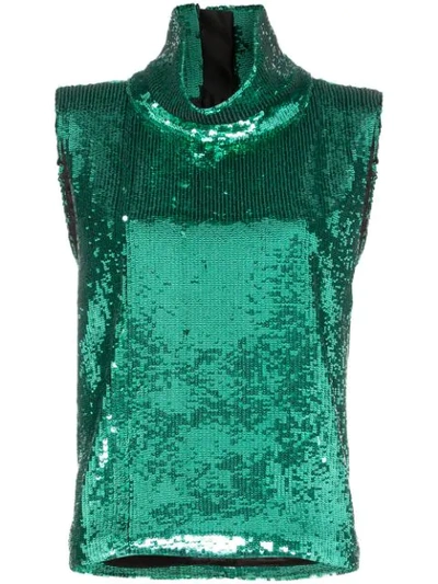 Halpern Sleeveless Sequin Embellished Turtleneck T-shirt In Green