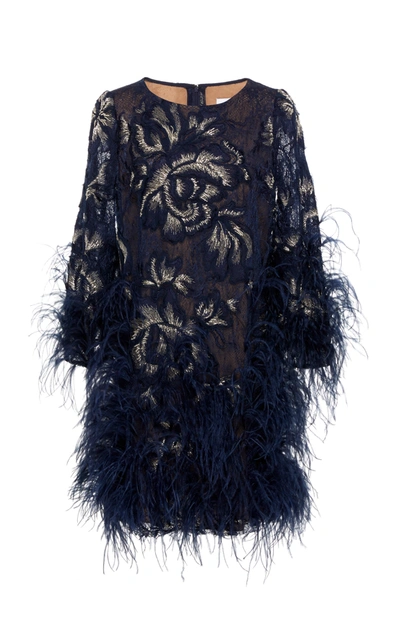 Marchesa Embroidered Gardenia Lace Cocktail Dress With Ostrich Feathers In Navy