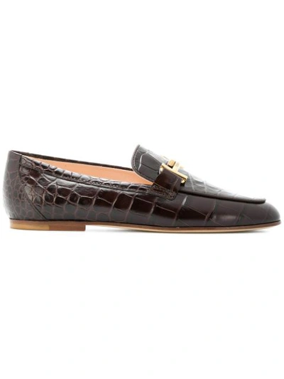 Tod's 10mm Double T Croc Embossed Loafers In Brown