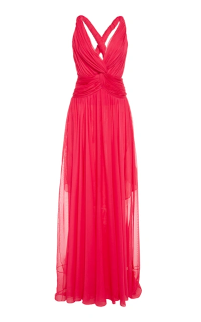 Oscar De La Renta Gathered V-neck Strap Gown In Pink