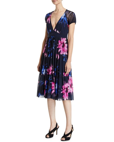 Fuzzi Fracture V-neck Floral-print Short-sleeve Tiered Dress In Dark Ness