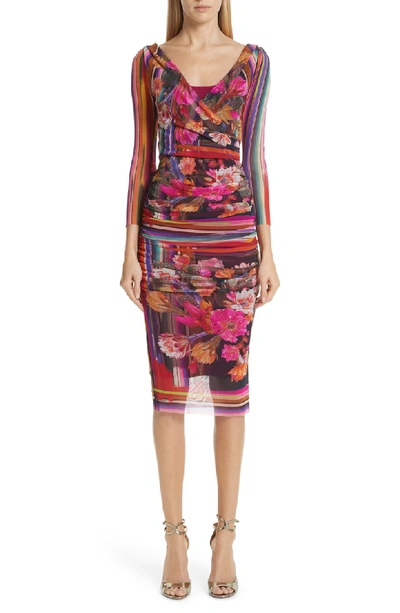 Fuzzi Cactus 3/4-sleeve V-neck Fitted Floral-print Dress In Tenebra