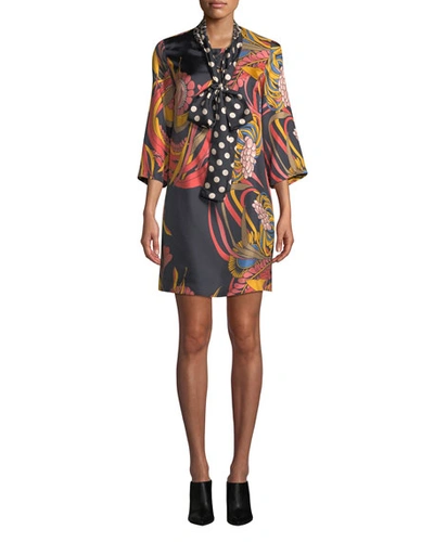 La Prestic Ouiston Park Ave Mix-print Tie-neck Silk Dress In Mix Corail