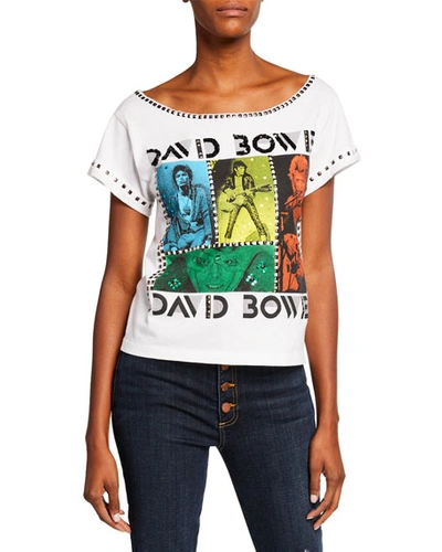 Alice And Olivia Mikey David Bowie Embellished Wide-neck Tee With Studs In Multi Pattern