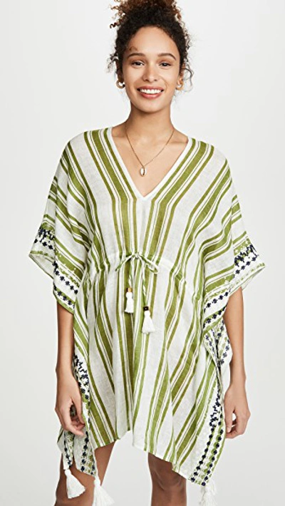 Tory Burch Ravena Awning Stripe Beach Caftan In New Ivory/rich Olive/tory Navy
