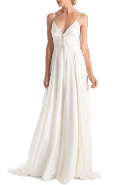 Joanna August Joplin Slit Front Button-up V-neck Wedding Dress In White