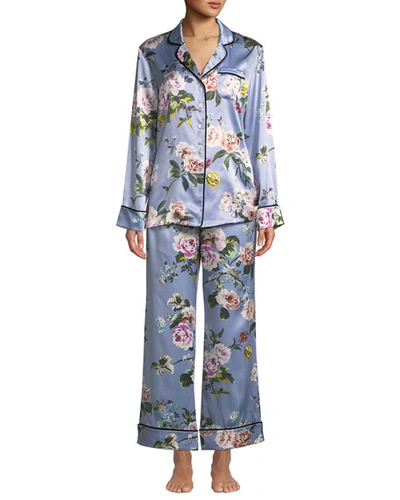 Olivia Von Halle Lila Agatha Floral Silk Classic Pajama Set In Blue Pattern