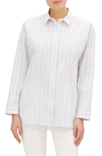 Lafayette 148 Trinity Striped Button-front Blouse With Button Trim Detail In Aerial Blue Multi