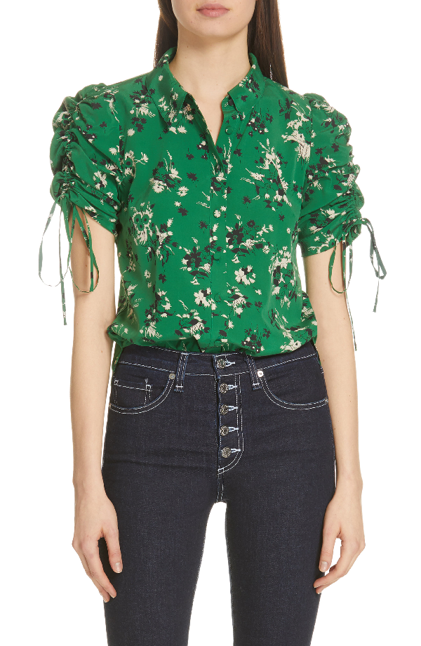 Veronica Beard Carmine Ruched-sleeve Silk Button-front Blouse In Green ...