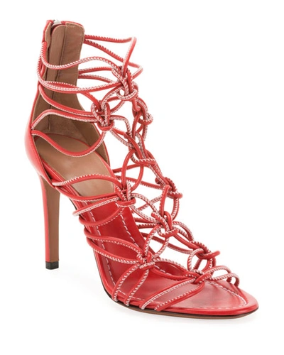 Alaïa Elegant Knotted Cord Zip Sandals In Red/white