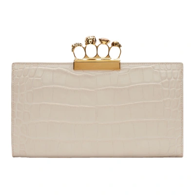 Alexander Mcqueen Jeweled Knuckle Four-ring Croc Clutch Bag - Golden Hardware In White