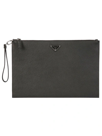 Prada Logo Saffiano Clutch Bag In Black