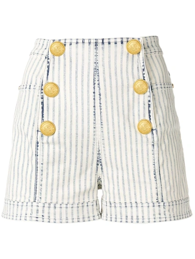 Balmain Button-embellished Striped Denim Shorts In White