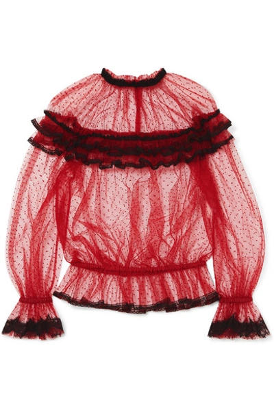 Dolce & Gabbana Ruffled Lace-trimmed Point D'esprit Tulle Blouse In Red