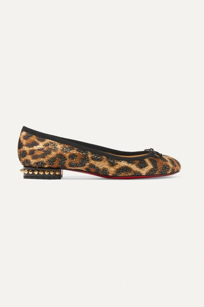 Christian Louboutin La Massine Spiked Leopard-print Satin And Leather Ballet Flats