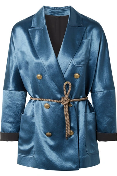 Brunello Cucinelli Belted Double-breasted Satin Blazer In Blue